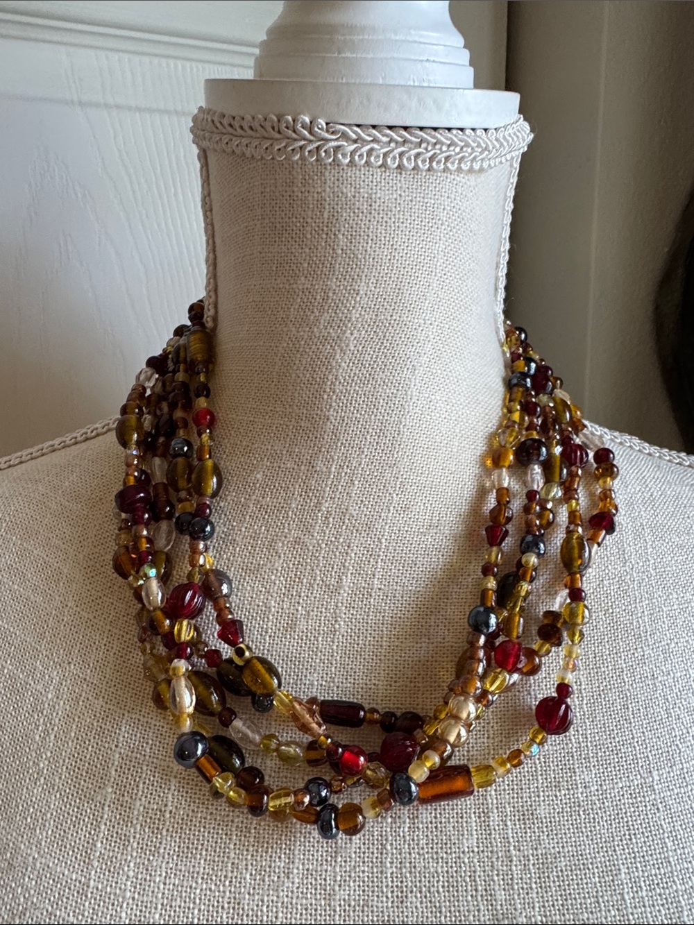 Multi-Strand Amber & Burgundy Beaded Necklace - Women Jewelry